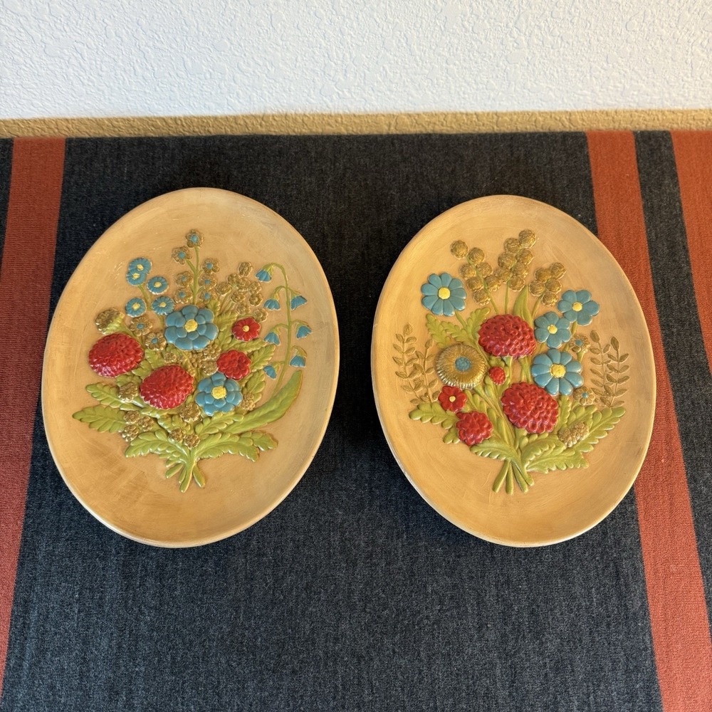 Vintage 70's Atlantic Mold Ceramic Oval‎ Floral Wall Decor 3D Relief 2 Plates